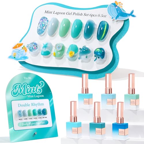Double Rhythm 6 Pcs 15 ML Gel Polish Set Same Color Same Bottle Soak Off Cat Eye Glitter Gel Polish Kit Nail Art Manicure Salon DIY at Home for Women (Teal Mint Green-T6-96)
