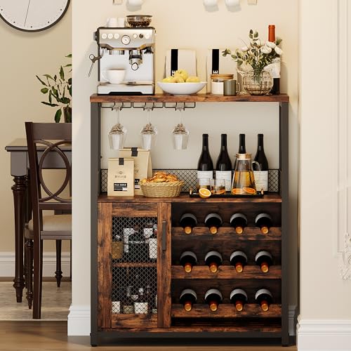 GarveeHome 3-Tier Wine Bar Cabinet with LED Lights & Wine Rack, Liquor Cabinet with Storage, Coffee Bar Cabinet with Glass Holder & Mesh Door, Sideboard Buffet Bar for Living Room, Dining Room, Brown