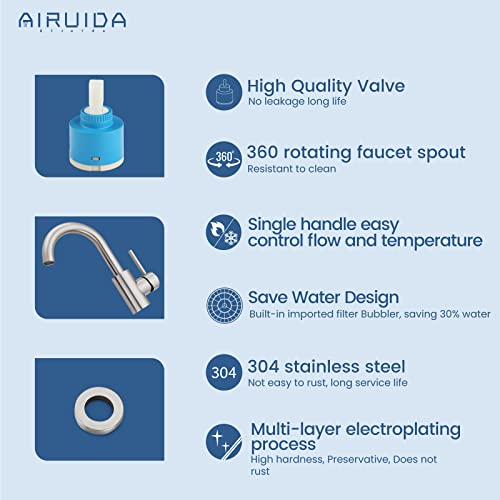 Airuida Brushed Nickel Bar Sink Sink Faucet Single Hole Small Rv Kitchen Sink Faucet Single Handle Bathroom Deck Mount Sus304 One Hole Mixer Tap 360 Degree Swivel Spout Lavatory Sink Faucet #TOP6
