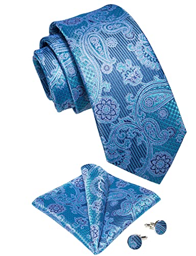Image of DiBanGu Mens Paisley Tie Sets Silk Jacquard Woven Floral Necktie and Pocket Square Cufflinks Wedding Business Party