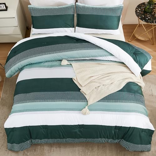 Litanika Dark Emerald Green Bed Comforter Twin/Twin XL Set, 2 Pieces Twin Extra Long Size Boys Men Forest Bedding Set, Single Colorblock Striped Bed Set