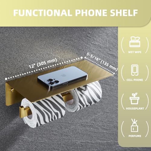 Image of Angle Simple Double Toilet Paper Holder with Shelf, Brushed Dark Gold | SUS304 Stainless Steel, Bathroom Tissue Roll Dispenser, Functional Storage Shelf for Phone Wet Wipe Plant, Screw Wall Mount