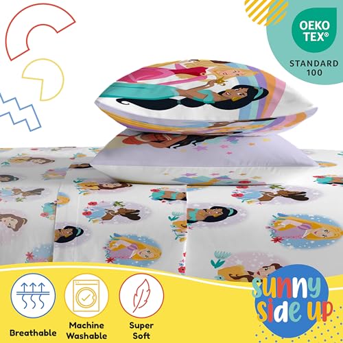 Image of Sunny Side Up Disney Princess Full Sheet Set - 4 Piece Kids Bedding Set Includes Pillow Cover - Super Soft Rainbow Microfiber Sheets Moana, Belle & Rapunzel