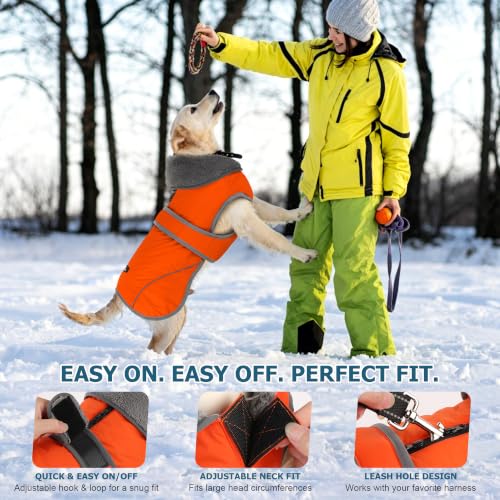Image of Dogcheer Dog Coat, Waterproof Dog Jacket Reflective Pet Winter Coat with Adjustable Hook & Loop, Christmas Puppy Fleece Jacket Warm Turtleneck Snowsuit for Small Medium Large Dogs - Orange, M