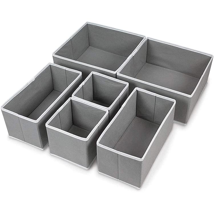 Image of Foldable Set of 6 Cloth Storage Box Closet Dresser Drawer Organizer Cube Basket Bins Containers Divider with Drawers for Underwear, Bras, Socks, Ties, Scarves (Set of 6 - Grey)