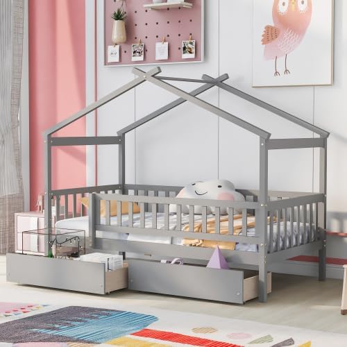 Bellemave Cama de casa de tamaño individual con valla y 2 cajones, marco de cama Montessori de madera para niños con barandillas para niñas y niños