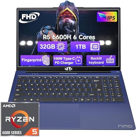 NIMO 15.6 FHD-Laptop, 32GB RAM 1TB SSD, 6 Cores AMD Ryzen 5 6600H (Beat i5-12450H, Up to 4.5GHz), Gaming-Laptop with 100W Type-C 54Wh Battery WiFi 6 BT5.2 Backlit Keyboard Laptop for Student Business Cover