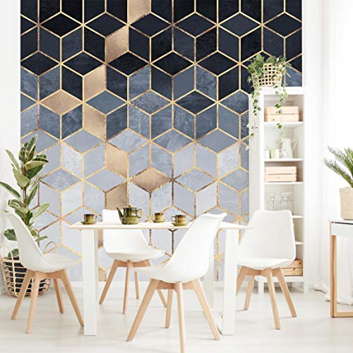 Carta da Parati - Bianco d'oro Geometria Blu