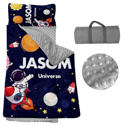 Personalized Nap Mats for Daycare - Kids Nap Mat with Pillow and Blanket for Preschool Kindergarten Custom Name Space Toddler Sleeping Bag for Boys, Thick Padded Easy Roll Up Universe