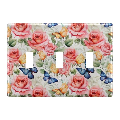 Light Switch Cover Butterfly Rose Floewr Spring Wall Plates for Electrical Outlets 3 Gang 202b3372