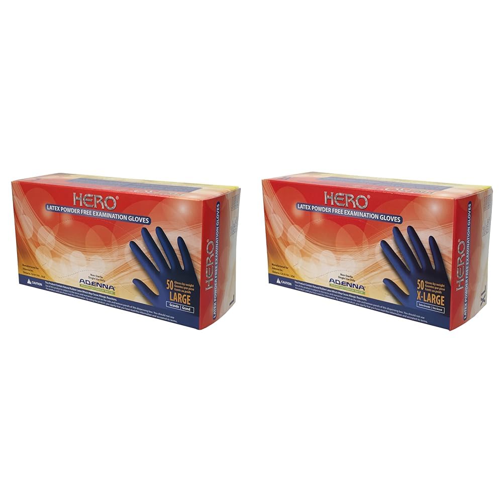 Adenna HER008 Hero 14 mil Powder-Free Latex Gloves, Extended Cuff, Medical Grade, Blue, X-Large, Box of 50 & Dark Light 9 mil Nitrile Powder Free Exam Gloves (Black), Large - Box of 100 (DLG676)