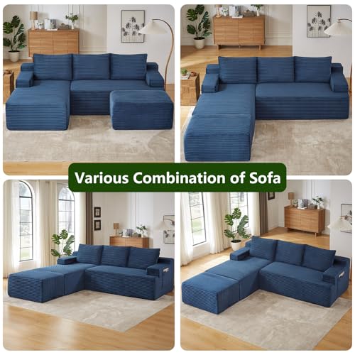 Image of 96.1 inch Modular Sectional Sofa with Ottoman, Modern Corduroy Cloud Couch, Boneless Couch Upholstered 3-Seater U-Shaped Sofa for Living Room, No Assembly (Blue, Right-Facing Chaise)