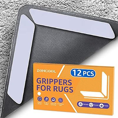 12 PCS Rug Tape, Reusable Washable Carpet Tape, Double Sided Non-Slip Rug Pads for Hardwood Floors, Rug Stoppers for Area Rugs, White