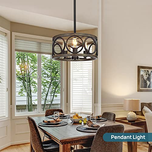 Woaekr 16'' Rustic Drum Chandelier, 3-Light Adjustable Height Farmhouse Flush Mount Light, Black Metal Hanging Light Fixture For Dining Room, Kitchen Island, Entryway, Breakfast Area #TOP5