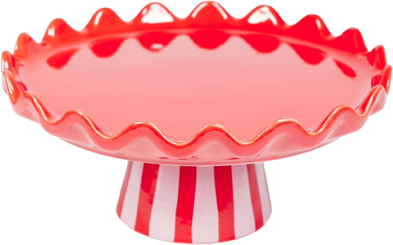 Ferrisland 9.5 Inch Red Ceramic Dessert Platter - Scalloped Edge Cake Stand for Tea Party, Appetizer, Fruit, Wedding & Home Decor | Dishwasher Safe