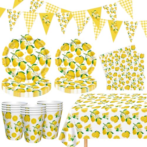 83 peças de decoração de festa de limonada, suprimentos de festa de limão amarelo, pratos e guardanapos, louça de jardim de limonada para aniversário, chá de bebé, casamento