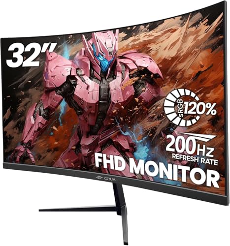 CRUA 32 inch Curved 1800R Gaming Monitor 200Hz FHD(1920x1080) Screen 1080P 120% sRGB FreeSync Fast 1ms(GTG) Suitable for e-sports games home office and entertainment