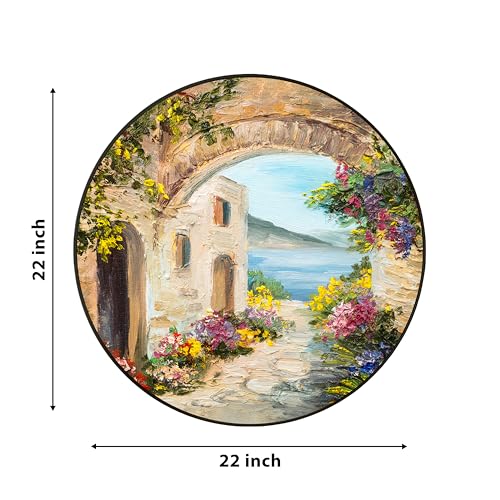 Image of PAINTINGMANTRA House Near The Sea Round Large Wall Art Painting for Living Room Decoration, Circular Gold Metal Finish Stylish Large Wall Art Print for Wall Decor (22x22 Inches)