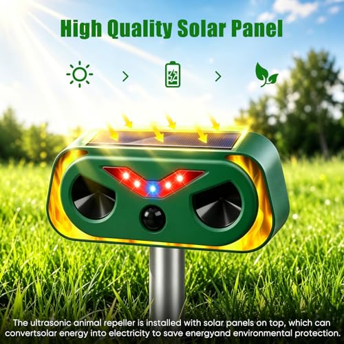 Image of 4-Pack Solar Powered Ultrasonic Animal Repeller Outdoor | Waterproof Deer Cat Dog Squirrel Raccoon Rabbit Deterrent with Motion Sensor & Flashing Light for Yard Garden Lawn Farm