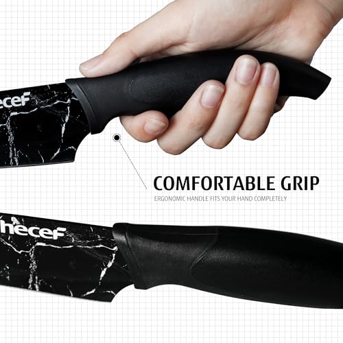 hecef Kitchen Knife Set of 5, Sharp Stainless Steel wtih Black Marble Pattern, Professional Cooking Set Including Paring, Utility, Bread, Carving, Santoku & Chef Knives