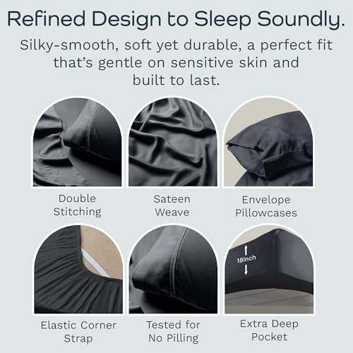 Image of Olive + Crate Tencel Lyocell Eucalyptus Full Sheet Set - Cooling Tencel Sheets for Hot Sleepers with 16 Inch Deep Pocket Fit - Double Bed Sheets - Charcoal 4-Piece Set