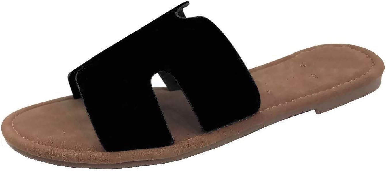 Wells Collection Womens Slip On Slide Flat Sandal with Notch Cut-Outs, Black, 7.5