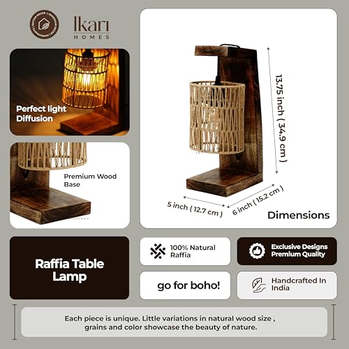 Image of Ikari Homes Vintage Table Lamp I Indonesian Rattan Cane with Braided Wire I Boho Table lamp for Bedroom /Living Room /Office Desk /Restaurants - (Zig Zag Raffia)