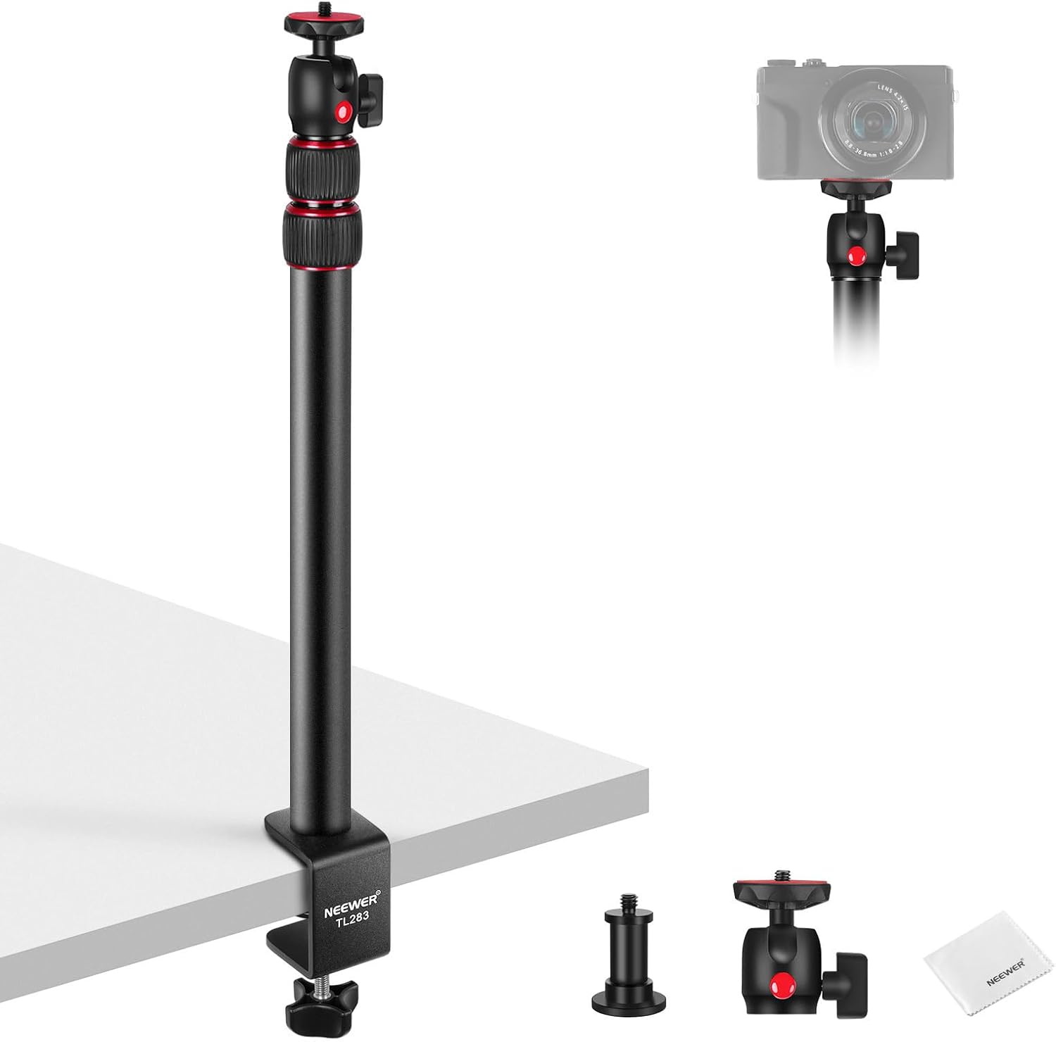 camera desk mount, overhead desktop light stand microphone boom arm with ball head c clamp cleaning cloth for dslr webcam phone holder ring light mic streaming video recording, red tl283 tl283 red w/cleaning cloth