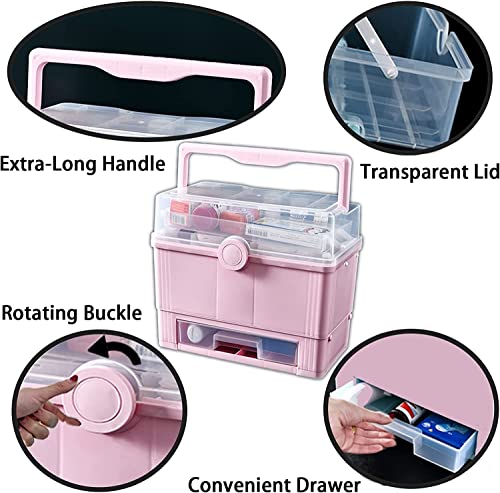 Stahmfover Large Plastic Storage Box With Drawer, 3-Layers Handled Portable Folding Organizer (Light Pink) #TOP2