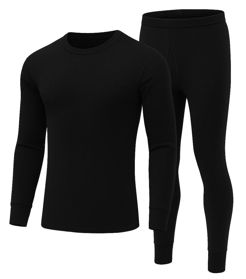 Truebuy Men's Black ’S Thermal Underwear Set – Long Sleeve Top & Long Johns Bottoms | Base Layer Winter Thermals For Cold Weather | | Sizes Large