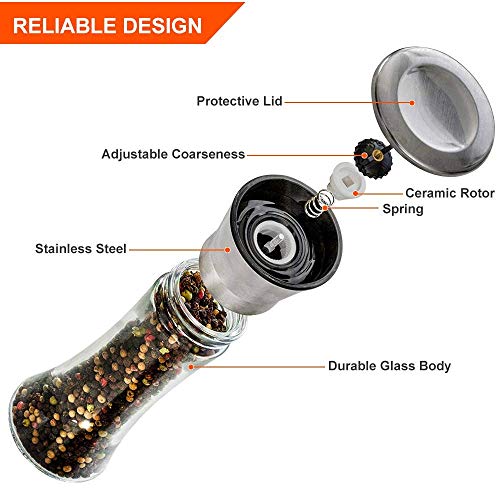 Salt And Pepper Grinder Tall Size - Black Pepper,Herb Shakers Mill Refillable Manual - Stainless Steel Lid - Adjustable Coarseness - Glass Material- Fits In Home,Kitchen,Barbecue #TOP2