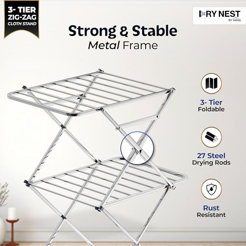 Image of HAVAI DryNest 4.5 KG Heavy Duty Clothes Drying Stand | 40 KG Load Capacity | 3-Tier Zig-Zag Foldable Stainless Steel Airer | Rust Proof Laundry Rack for Balcony & Indoor Use