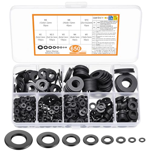650 pz. Arandelas de nailon, arandelas planas de plástico para carrocería, separadores redondos, arandelas de junta para tornillos de aislamiento - Negro, M2/M2.5/M3/M4/M5/M6/M8/M10
