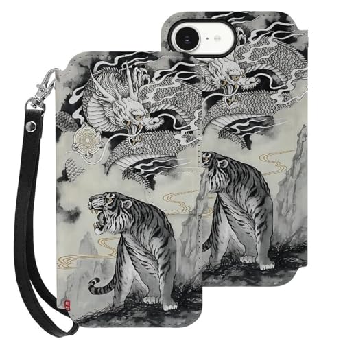 iPhone 16 E用 ケース 手帳型 和風 絵画 水墨画 龍虎 Iphone16用カバー アイフォン16 用 ケース スマホケース おしゃれ 人気 財布型 PUレザー 携帯カバー カード収納 スタンド機能