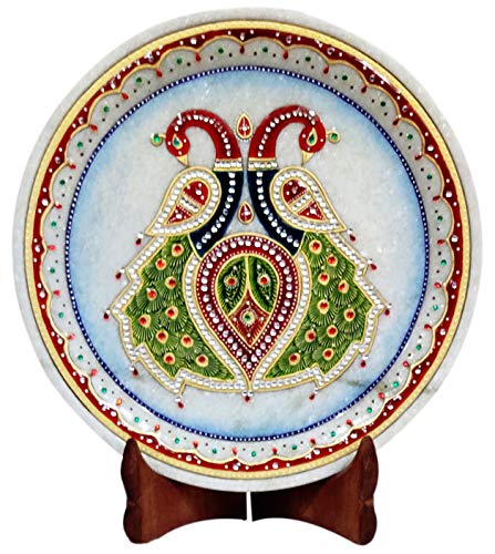Purpledip Marble Painting Peacock Couple: Hand Painted Plate with Gold Work & Beads, 9x9 Inches (12095)