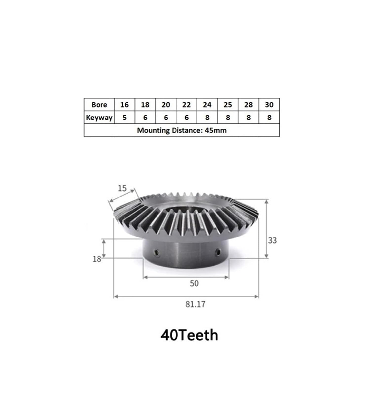 Bevel Gear Pinion Hardware Mechanical 1pc Bevel Gear 2M Modulus 40 Teeth Bore 16/18/20/22/24/25/28/30mm 1:2 90 Degrees Meshing Angle 45# Steel Gears(22mm (Keyway 6))