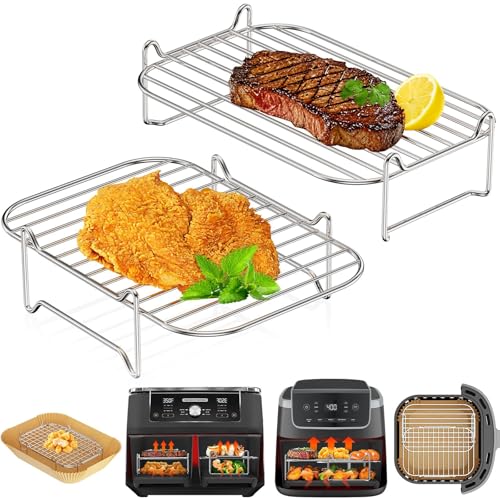 Ninja Air Fryer Rack HONYAO 2pcs Air Fryer Accessories Stackable Grilling for Ninja AF300UK AF400UK DZ400UK Other Dual Zone Baskets 7.6L-8L-9L-9.5L-10L-10.4L Food Safe 304 Stainless Steel