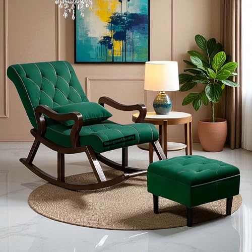 Image of Wood Modern Ergonomic Rocking Chair Including with Cushain Footrest for Relaxing | Rolling Chair for Living Room (Dark Green)