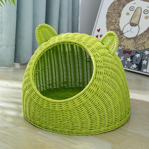 BURLOE Cuccia Per Gatti in Plastica Di Vimini Per Gatti Domestici, Cuccia Per Con Orecchio Di Gatto Carino Grotta Tessuta A Mano Semichiusa Per Gatti in Rattan,Verde,25cm