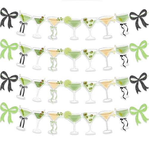 Image of 4Pcs Green Black Martini Bow Party Banner Garland, Pre Strung Martini Glasses Banner, Girls Martini Birthday Decorations, Martini Bachelorette Bridal Shower Tini Bar Party Decor
