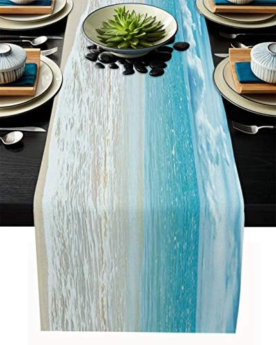 Gsypo Summer Table Runners 90 Inches Long Tropical Ocean Beach Sea Water Table Runner for Family Dinner/Wedding/Outdoor Indoor Party, Cotton-Polyester Blend Dresser Scarf Table Decorations