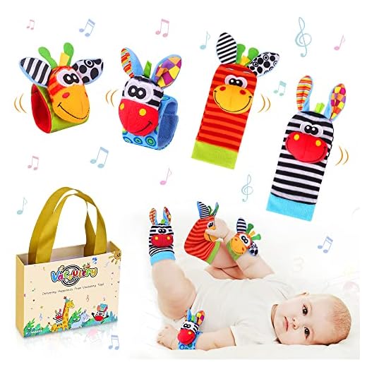 Sonajero Calcetines y Muñequeras para Bebé, Sonajero Toys con Buscador de Muñeca y Pie Juguetes de Animales Suaves y Bonitos para Recién Nacidos Niños Bebés (2 Pulseras y 2 Calcetines)