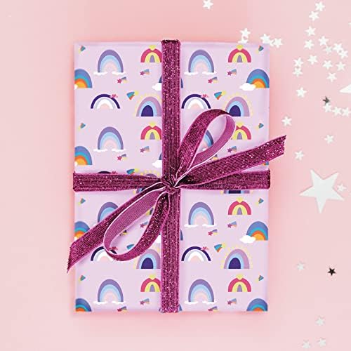 Girls Wrapping Paper Birthday 85 * 60cm,4 Floded Pink Wrapping Paper with Gift Wrap Set 4 Bows,4 Cards,4 Tags,80gram Art Paper,Unicorn Wrapping Paper,Rainbow Wrapping Paper