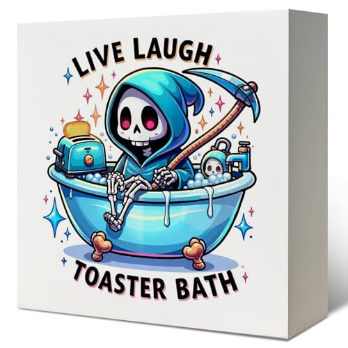 LUKIPOM Live Laugh Toaster Bath Wooden Box Sign, Funny Bathroom Decor, Toaster Bath Bomb Funny Skeleton Wood Signs for Restroom Bathroom Toilet Half Bath Shelf Counter Decor, 5x5 Inch