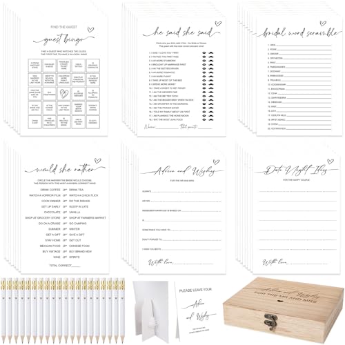 Silipull Bridal Shower Games Set for 50 Guests Includes Bingo, He Said She Said, Scramble, Would She Rather, Advice and Wishes Wedding Games Double Sided with Wooden Box, 20 Pencils(Minimalist)