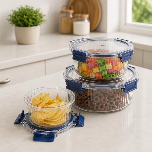 Image of Kmils Plastic Air Tight Container Set for Kitchen Storage | Clear Round Food Containers with Airtight Lock Lids | Fridge Storage Containers for Fruits, Vegetables & Herbs (400ml, 800ml, 1600ml)