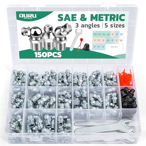 Image of OURU 150PCS Grease Fittings Kit, SAE & Metric Zerk Grease Fittings Straight 45 90 Degree with Grease Fitting Caps & Wrench Kit(7-11mm) for Grease Gun