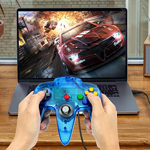 Image of USB N64 Controller, 2 Pack Wired USB Game Controller Gamepad for Windows PC MAC Raspberry Pi (Clear Blue + Clear Red)