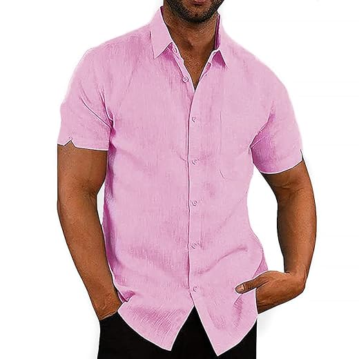 JEKAOYI Button Down Short Sleeve Linen Shirts for Men Summer Casual Cotton Spread Collar Beach Shirts (Pink, X-Large)