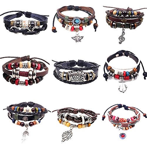OUR SUPER DEALS 9 PCS Mens Womens Multi Layers Leather Wrap Cuff Bracelet, Braided Anchor Bangle,Charm Cuff Bangles Adjustable Fit 6-9 Inches